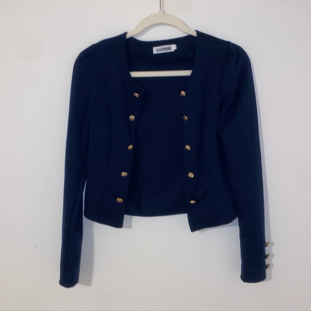 Navy Blue Nautical Themed Fitted Crop Jacket